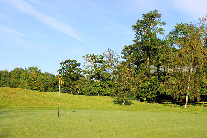风景优美的高尔夫球场的旗/洞/果岭图像